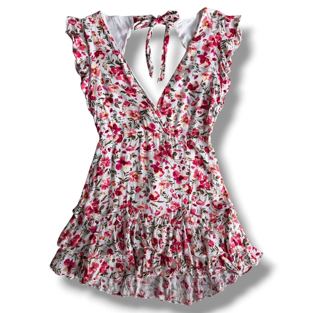 Hello Molly Women L Pink White Floral Ruffle Far From Finished Mini Dress Garden